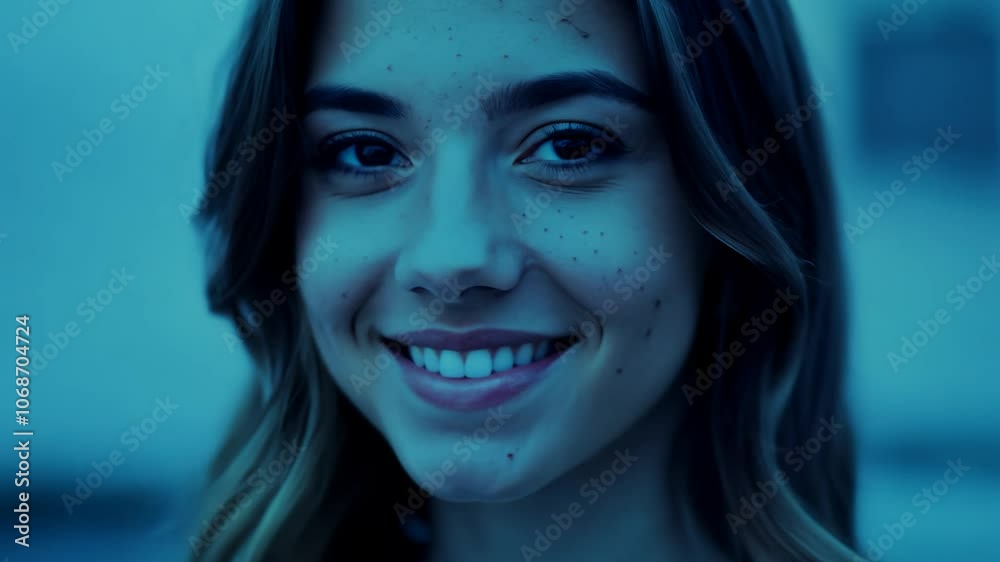 Camera movement and zoom effect with cool ambient lighting showcase a model with freckles and natural hair smiling Camera movement and zoom effect with cool ambient lighting showcase a model with freckles and natural hair smiling