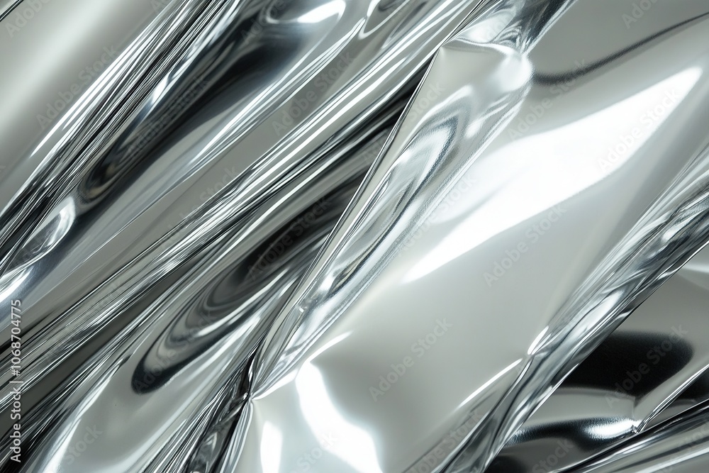 Reflective silver metallic foil with abstract folds. Reflective silver metallic foil with abstract folds.