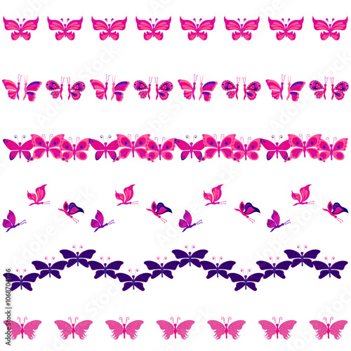 Set of decorative borders with butterflies. Vector illustration isolated on white background.