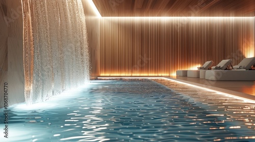 Indoor pool. a hotel lounge with a water feature and white lighting on one wall. The room has light floors and wooden walls with soft, warm tones. with a waterfall falling into the water behind it.