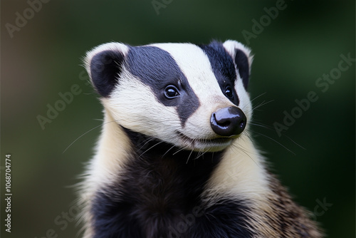 Badger is standing in front of a green background. It has a black and white face