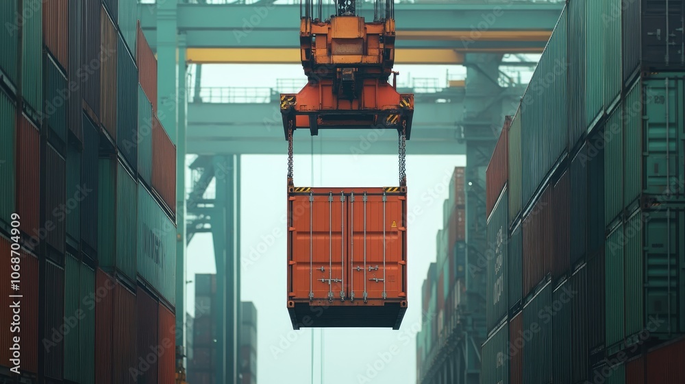 Fototapeta premium Container being lifted at shipping port front view Cargo handling efficiency