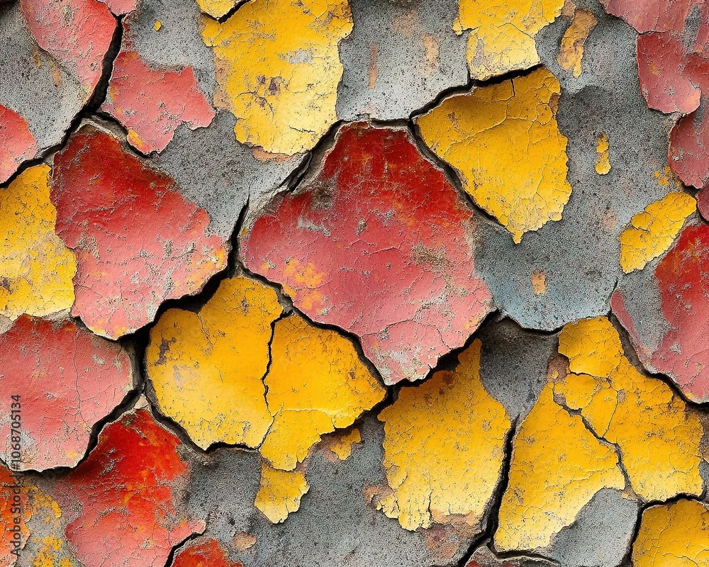 Obraz premium Cracked red and yellow paint on aged concrete wall.
