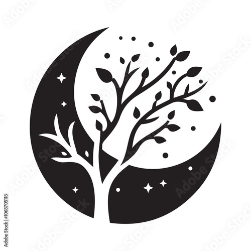 Tree With Moon Silhouette Vector Illustration photo