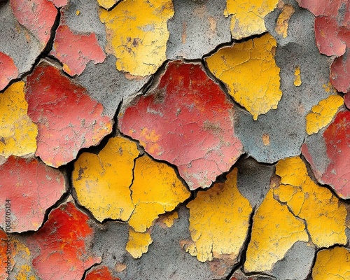 Cracked red and yellow paint on aged concrete wall.