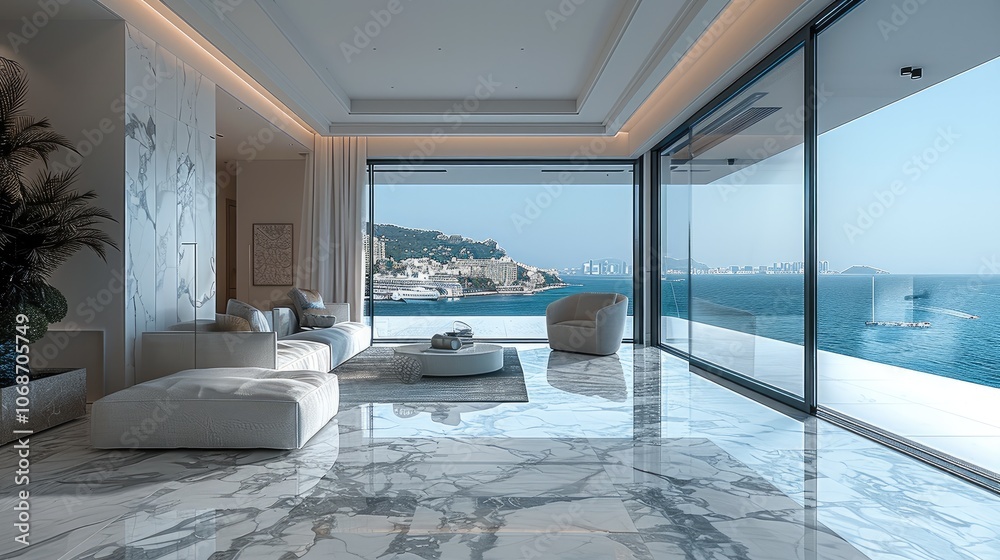 A white marble living room with large windows overlooking ocean view and cityscape. A white marble living room with large windows overlooking ocean view and cityscape.