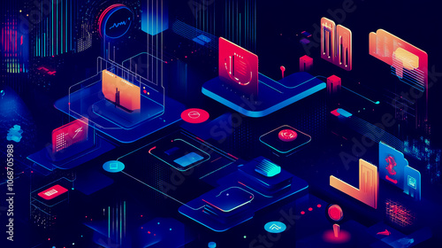A futuristic dark blue digital landscape filled with floating tool icons representing various AI use cases.