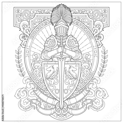 Premium vector. Fantasy kingdom emblem with noble knight, sword and shield. Learning and education coloring page illustration for adult and children. Vector outline style, black and white drawing. 
