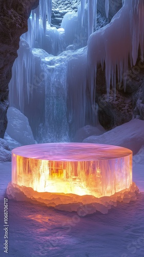 Glowing ice table in majestic frozen cave with waterfall and icicles photo