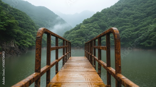 緑豊かな山々に囲まれた霧の湖を見下ろす素朴な桟橋