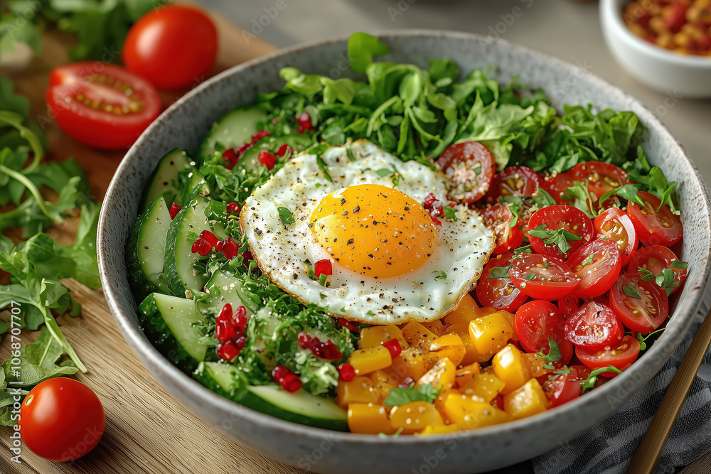 Healthy bowl with eggs, cucumbers, tomatoes, rustic wooden backdrop. Healthy bowl with eggs, cucumbers, tomatoes, rustic wooden backdrop.