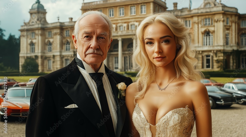 Naklejka premium Elegant couple in formal attire posing in front of historic mansion with luxury cars