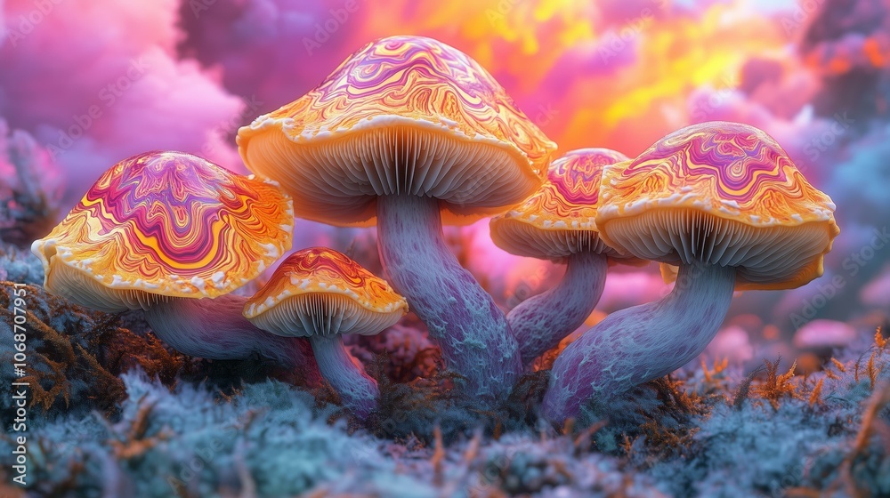 Colorful psychedelic mushrooms in fantasy landscape with vivid sky Colorful psychedelic mushrooms in fantasy landscape with vivid sky