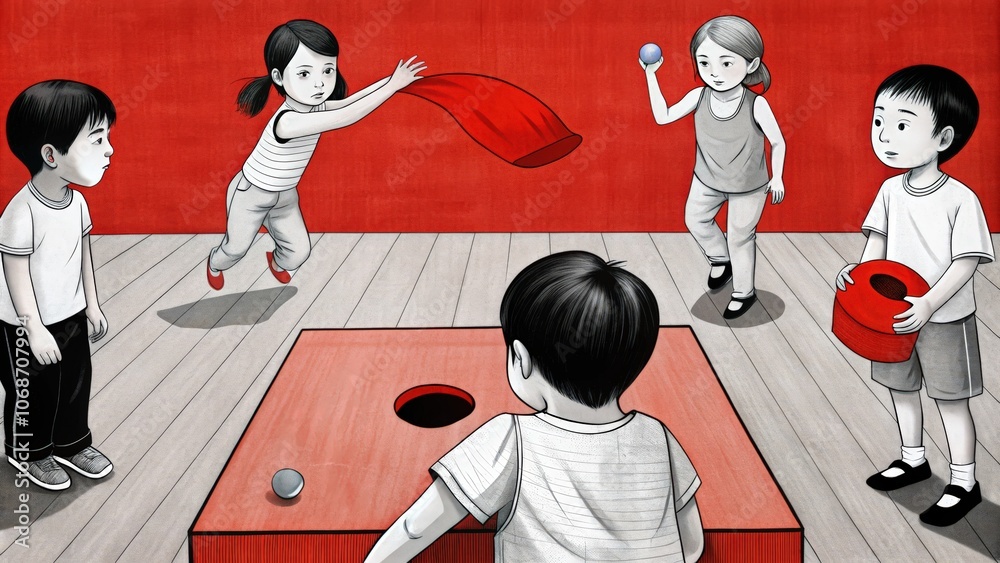 Fototapeta premium Four Children Playing a Game with Red and Blue Balls and a Red Box