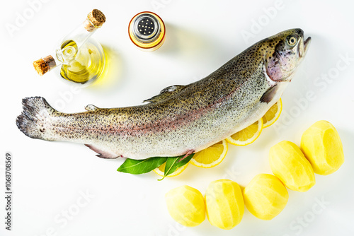 Salmon trout on the table. Preparing fish for cooking. Chef knife