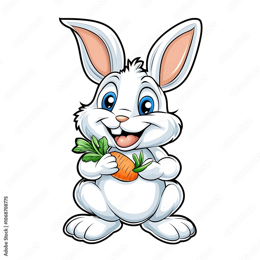 Obraz premium Cartoon Bunny Enjoying a Carrot on White Background