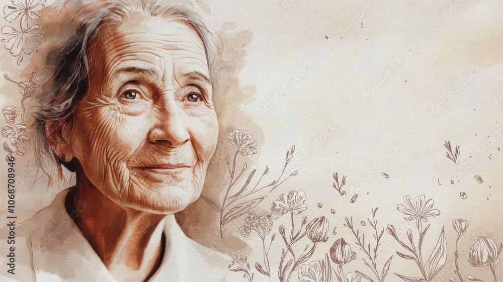 An elderly woman with gentle eyes. Her wrinkles are drawn in detail, each of them testifies to a lifetime of experience. There is a serene atmosphere around the portrait with a place for text. An elderly woman with gentle eyes. Her wrinkles are drawn in detail, each of them testifies to a lifetime of experience. There is a serene atmosphere around the portrait with a place for text.
