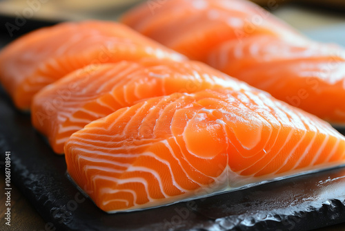 frash raw salmon fillets on a board photo