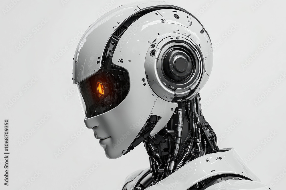 Detailed robot with large lens and mechanical components.