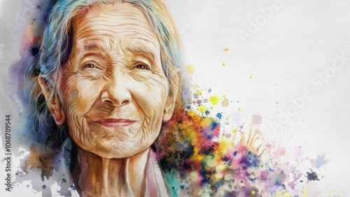 An elderly woman, her gentle gaze radiates wisdom and serenity. Every wrinkle on her face tells a story. An image for the day of an elderly person with a place for text.