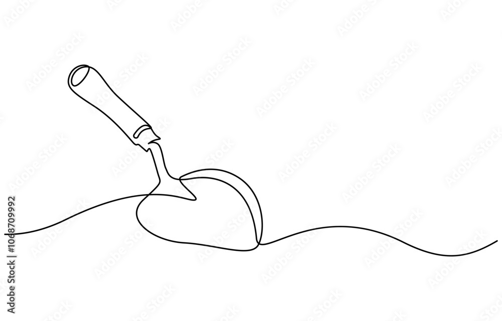 Obraz premium Gardening Trowel Single Line art Drawing, Continuous one line drawing of trowel icon in silhouette on a white background. Linear stylized, Trowel icon line continuous drawing vector