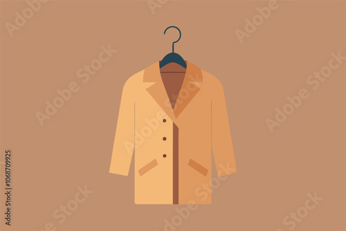 Yellow coat with light brown lining and buttons on dark brown hanger. Displayed centrally against brown background in flat illustration style.