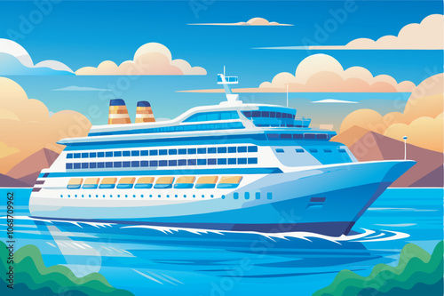 A lively cartoon image of a cruise ship sailing on water with mountains in the background and a blue sky with clouds, creating a vibrant and picturesque scene.