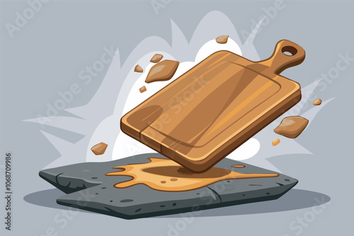 Image: Brown cutting board above gray stone with yellow liquid resembling caramel. Wood pieces around stone.