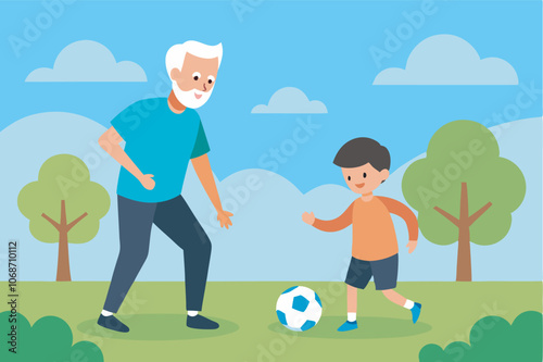 Elderly man and young boy play soccer joyfully in a park. Man in green attire with white hair and beard, active in the game. Boy in colorful uniform focused on ball.  