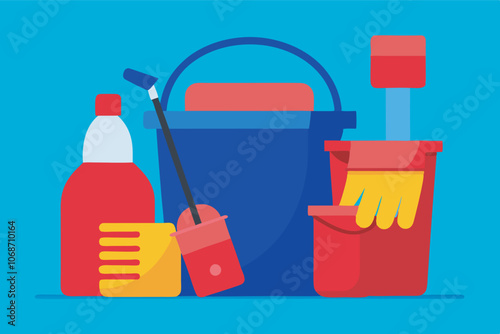 Image of cleaning supplies on turquoise background: 2 red buckets, yellow plastic glove, purple spray bottle, orange brush. Organized for cleaning.