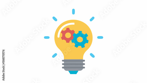 Graphic symbol: yellow light bulb with red and blue gears emits light. Modern, clean look on white background. Represents innovation or creative concept.