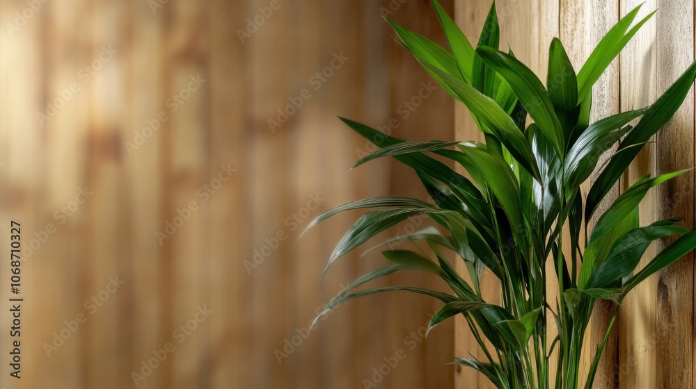 Obraz premium 温かみのある木製の壁を背景にした緑豊かな室内植物