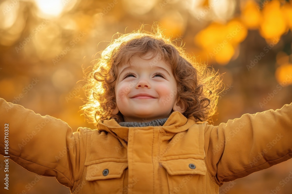 A joyful child with curly hair enjoys autumn in a golden forest setting during daylight hours A joyful child with curly hair enjoys autumn in a golden forest setting during daylight hours