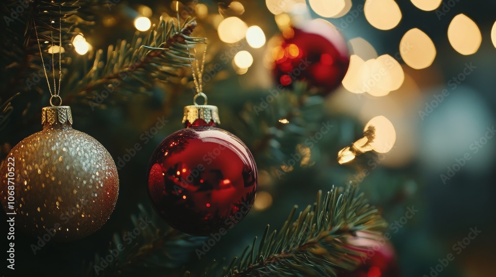 Festive christmas tree with glittering red and gold ornaments amidst warm lights Festive christmas tree with glittering red and gold ornaments amidst warm lights