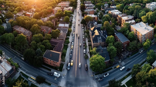 Aerial view of a suburban neighborhood with tree-lined streets, residential buildings, parked cars, and a sunset illuminating the area, showcasing urban planning and greenery integration.