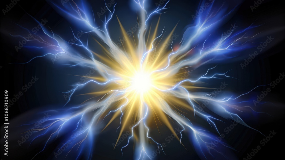 Abstract Digital Art with Bright Yellow Light and Blue Lightning Streaks Abstract Digital Art with Bright Yellow Light and Blue Lightning Streaks