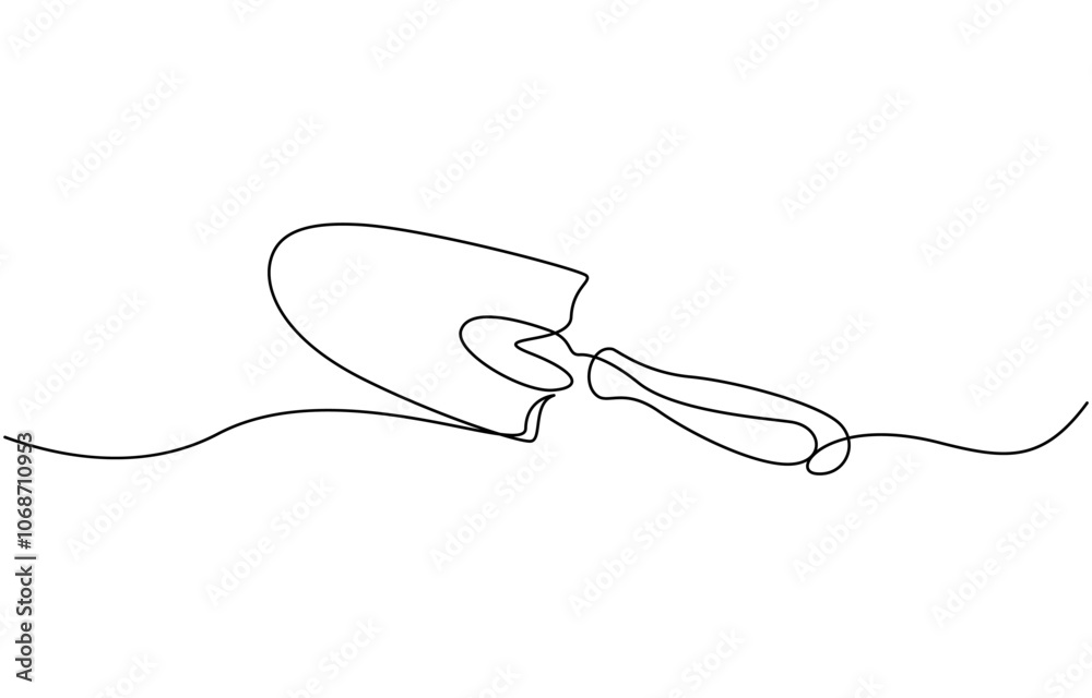 Obraz premium Gardening Trowel Single Line art Drawing, Continuous one line drawing of trowel icon in silhouette on a white background. Linear stylized, Trowel icon line continuous drawing vector