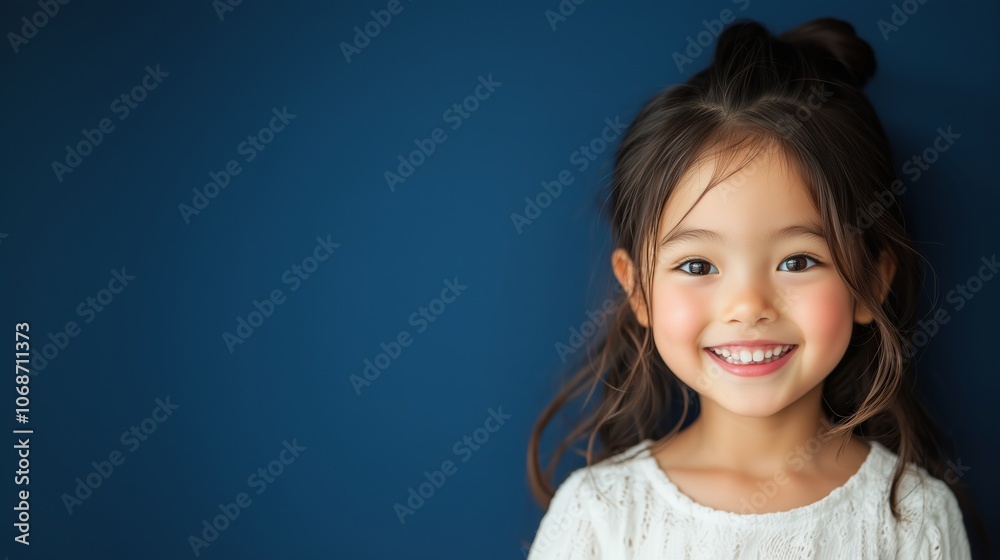 青い背景に黒髪の若い女の子の楽しそうな笑顔 青い背景に黒髪の若い女の子の楽しそうな笑顔