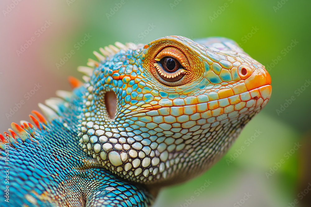 Obraz premium Lizard's skin with detailed scales and colors, close-up, plain background