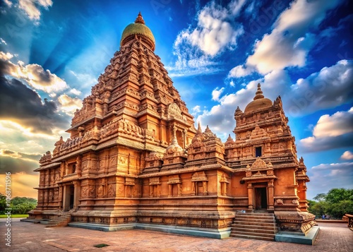 Deep focus on the magnificent Thanjavur Brihadeeswarar Temple, showcasing Chola artistry.