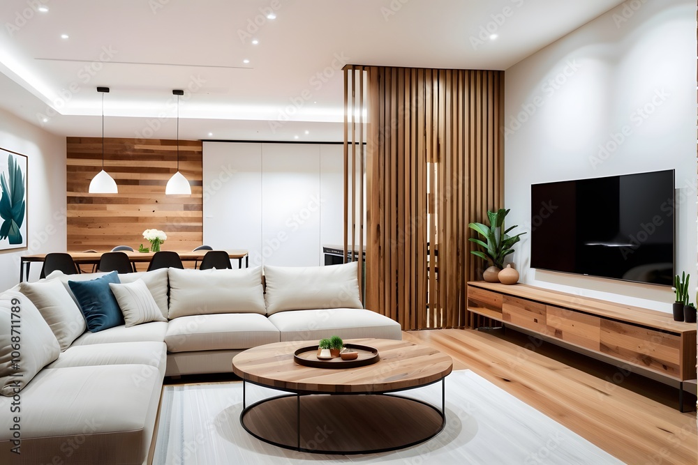 Modern living room with a sofa, table, and a TV with wooden panel decor. Modern living room with a sofa, table, and a TV with wooden panel decor.