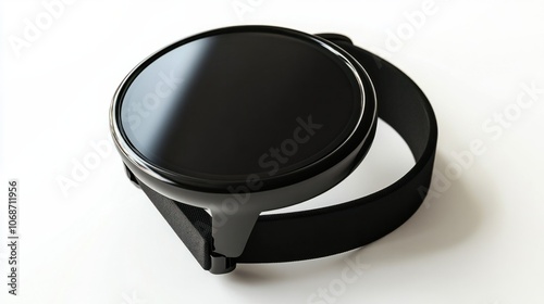 Smartwatch with a black strap and circular display, isolated on a plain white background, perfect for tech themes