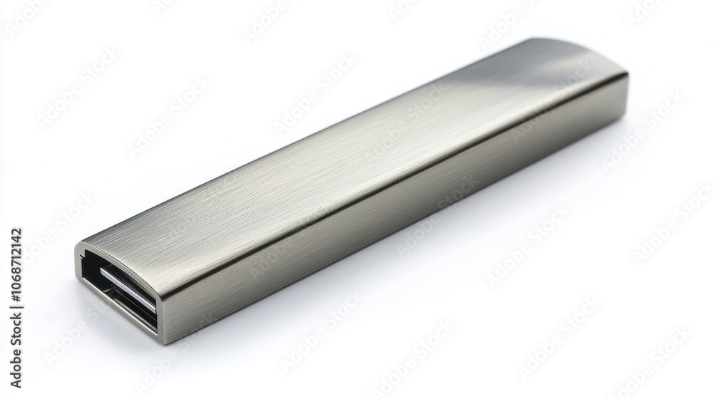 USB flash drive with a sleek metal design, isolated on a clean white background for storage themes USB flash drive with a sleek metal design, isolated on a clean white background for storage themes