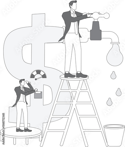 Businessman team turning on dollar sign tap but no water from the faucet