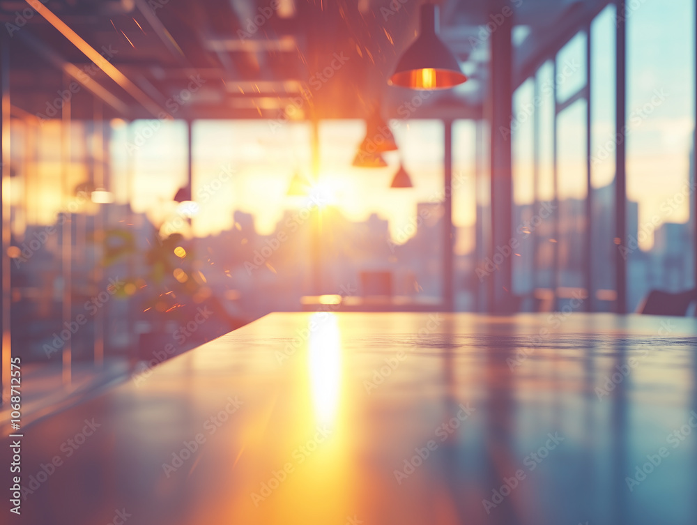 Sunset view from a modern office with warm light illuminating a wooden table and city skyline in the background Sunset view from a modern office with warm light illuminating a wooden table and city skyline in the background