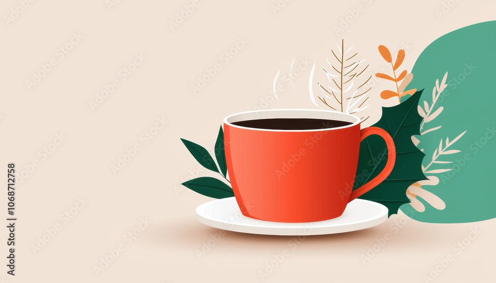 Obraz premium A vibrant red coffee cup sits on a white saucer, surrounded by green leaves and decorative elements against a soft beige background.