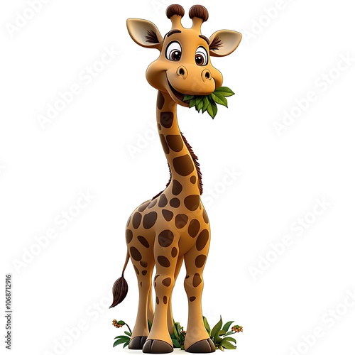 Cheerful Cartoon Giraffe Eating Leaves from a Tree