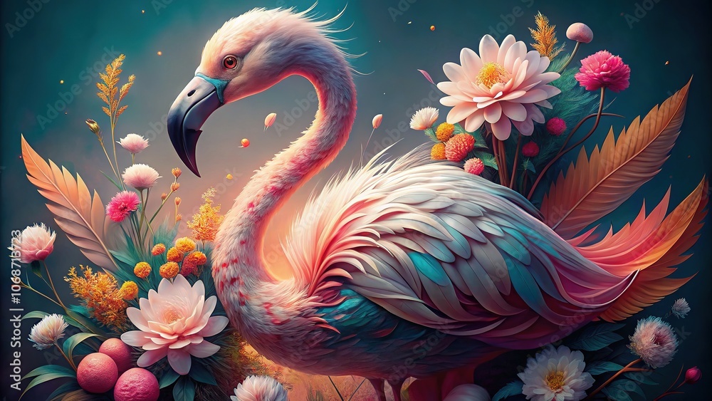Dreamy floral flamingo portrait, surreal pastel art. Dreamy floral flamingo portrait, surreal pastel art.
