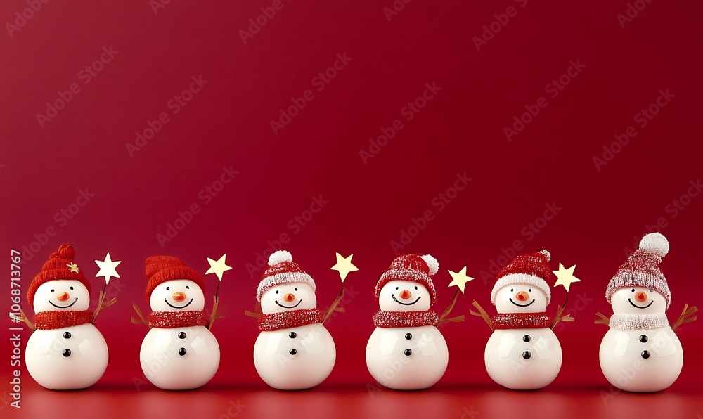 Adorable snowman brings festive cheer to a sparkling winter wonderland. A charming miniature snowman, wearing a red knitted hat and scarf, sits contentedly amidst glittering white snow. Adorable snowman brings festive cheer to a sparkling winter wonderland. A charming miniature snowman, wearing a red knitted hat and scarf, sits contentedly amidst glittering white snow.