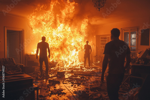 Fire engulfs room as people attempt to escape during a nighttime blaze photo